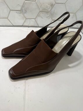 Ann Taylor Brown Leather Slingback Block Heels Sz 8 Stretch NEW